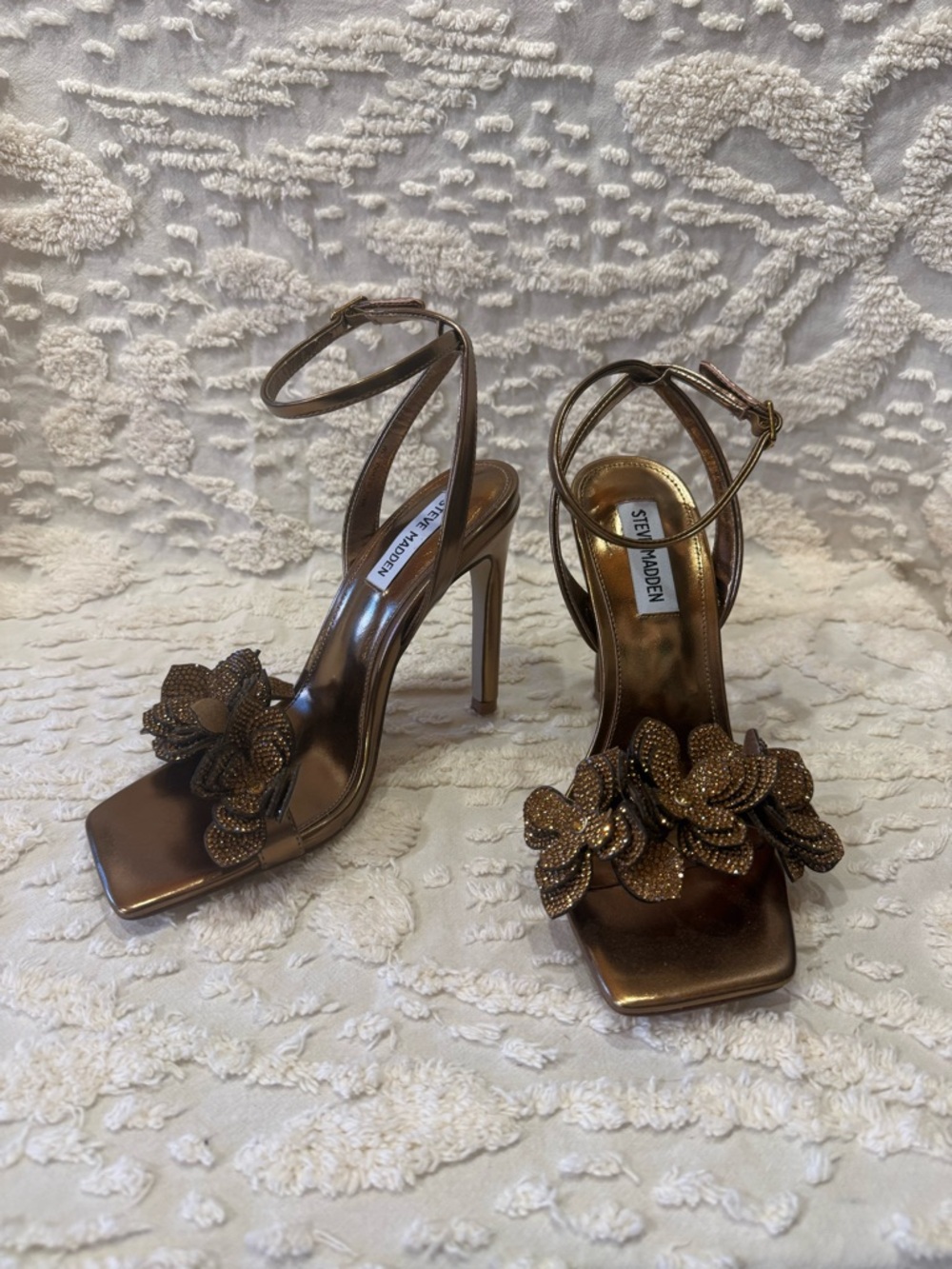 Steve Madden Bronze Floral Beaded Ankle-Strap Stilettos#617